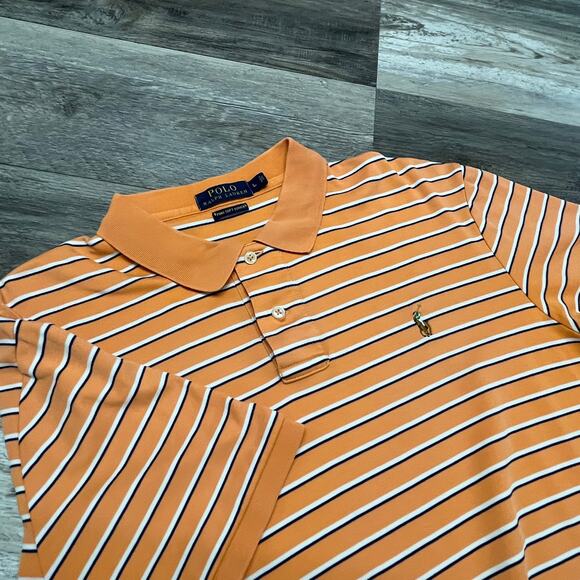Polo Ralph Lauren Striped Peach Blue Mens L Pima Soft Touch Mini Pony Polo Shirt - Picture 1 of 10